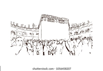Kaaba in Masjid Al Haram in Mecca Saudi Arabia. Masjidil Haram Mosque in Makkah City, Saudia Arabia during umrah season. Eid Mubarak, Ramadan Kareem. Hand drawn sketch illustration in vector.