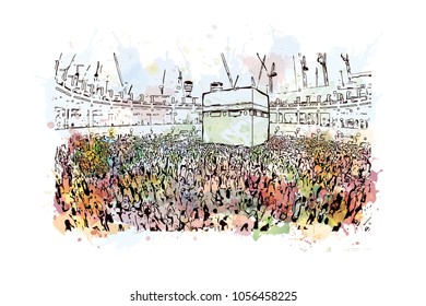 Kaaba in Masjid Al Haram in Mecca Saudi Arabia. Masjidil Haram Mosque in Makkah during umrah season. Eid Mubarak, Ramadan Kareem. Watercolor splash with Hand drawn sketch illustration in vector.