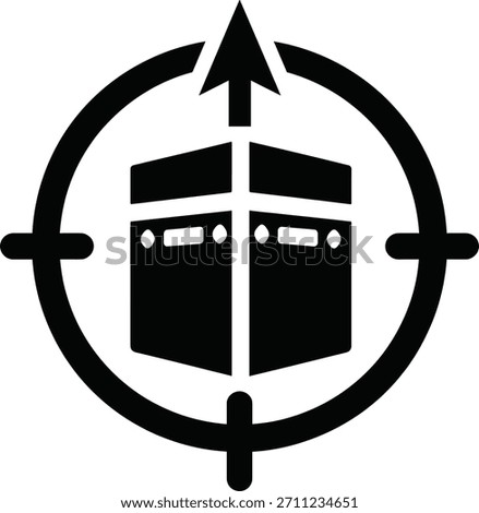 Kaaba in mecca, focused target icon with arrow indicating precise qibla direction for muslim pray icon. Crucial for religious observance.
