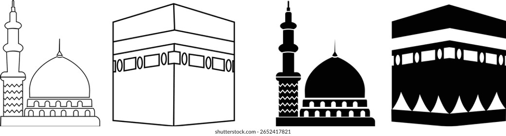 Ícones de Kaaba, Meca e Madina Pak colocam o sagrado islâmico Masjid-Al-Haram isolado em um fundo transparente. Mosque Kingdom of Saudi Arabia (Reino da Mesquita da Arábia Saudita) é usado para logotipos islâmicos, web, app, e outros sites de mídia social.
