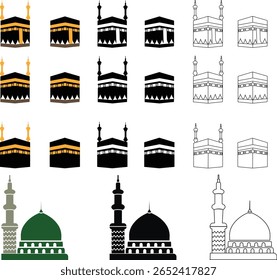 Ícones de Kaaba, Meca e Madina Pak colocam o sagrado islâmico Masjid-Al-Haram isolado em um fundo transparente. Mosque Kingdom of Saudi Arabia (Reino da Mesquita da Arábia Saudita) é usado para logotipos islâmicos, web, app, e outros sites de mídia social.
