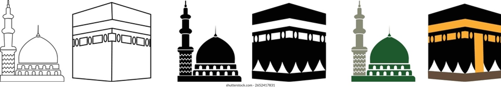 Ícones de Kaaba, Meca e Madina Pak colocam o sagrado islâmico Masjid-Al-Haram isolado em um fundo transparente. Mosque Kingdom of Saudi Arabia (Reino da Mesquita da Arábia Saudita) é usado para logotipos islâmicos, web, app, e outros sites de mídia social.