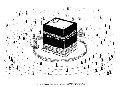 Kaaba in Mecca Saudi Arabia, Simple manual hand draw sketch, isolated on white, during pandemic covid-19
