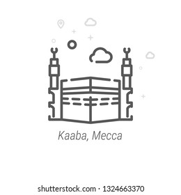 Kaaba, Mecca, Saudi Arabia Vector Line Icon. Historical Landmarks Symbol, Pictogram, Sign. Light Abstract Geometric Background. Editable Stroke. Adjust Line Weight. Design with Pixel Perfection.