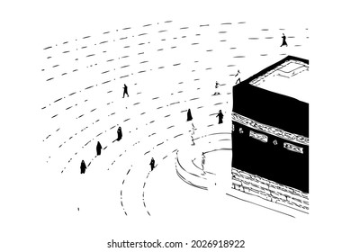 Kaaba in Mecca Saudi Arabia, Vector Simple manual hand draw sketch, during pandemic covid-19 isolated on white
