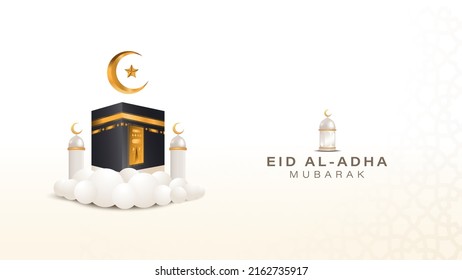 Kaaba and mosque minarets in the clouds banner concept for hajj celebration day or eid al adha