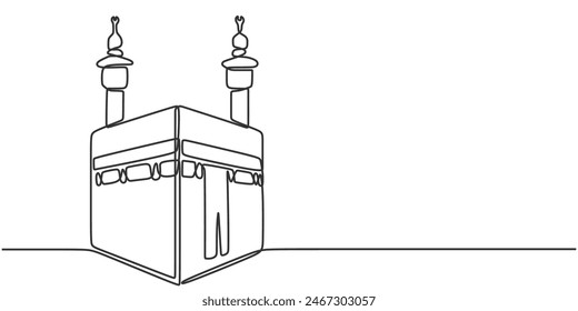 Kaaba en una sola línea continua estilo de dibujo de arte aislado sobre fondo blanco. Ilustración vectorial del concepto de construcción islámica.