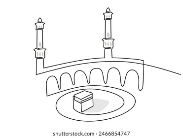 Kaaba in einem einzigen durchgehenden Linie Zeichnungsstil isoliert auf weißem Hintergrund. Muslimische Hadsch-Konzept-Vektorillustration.