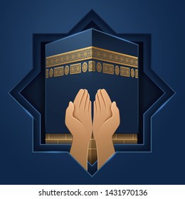 Kaaba place with hands of prayer. Mecca holy stone and palms of religious man. Ka’hab background for al-Adha or Eid ul-Adha holiday, sacrifice festival, ramadan. Salah praying card or sign. Religion