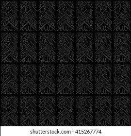 Kaaba seamless pattern. Hajj to Mecca. Kabah cover black cloth pattern. Islamic background. Arabic calligraphy writings texture. Vector. 