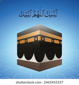 Kaaba vector art for Hajj. Hajj Mubarak. 2024. 1445. Editable EPS file. 
Translation: Labbayk Allaahumma labbayk