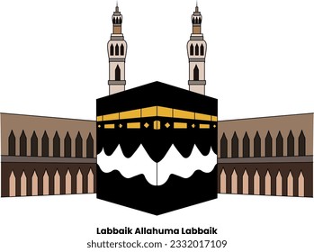 Kaaba vector color illustration, isolated on white background with text, front view.