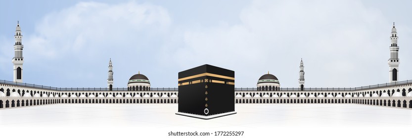 Kaaba vector in the Grand Mosque of Mecca for Hajj and Arafat day All Arabic decoration on the Kaaba from the verses of the Holy Quran 