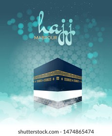 Kaaba vector for hajj mabroor in Mecca Saudi Arabia, mean ( pilgrimage steps from beginning to end - Arafat Mountain ) for Eid Adha Mubarak - Islamic background on sky and clouds - hajj ritual. Vector
