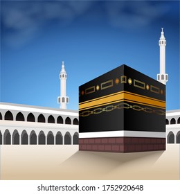 Kaaba vector for hajj mabroor in Mecca, Saudi Arabia. Pilgrimage steps from beginning to end Arafat Mountain for Eid Adha Mubarak. Islamic background on sky and clouds. Hajj ritual.