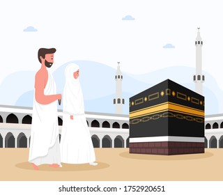 Kaaba-Vektorgrafik für Hadsch-Mabroor in Mekka, Saudi-Arabien. Wallfahrt Stufen von Anfang bis Ende Arafat Berg für Eid Adha Mubarak. Islamischer Hintergrund auf Himmel und Wolken. Hajj-Ritual.