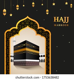Kaaba-Vektorgrafik für Hadsch-Mabroor in Mekka Saudi-Arabien. Wallfahrt Stufen von Anfang bis Ende Arafat Berg für Eid Adha Mubarak. Islamischer Hintergrund. Hajj-Ritual.