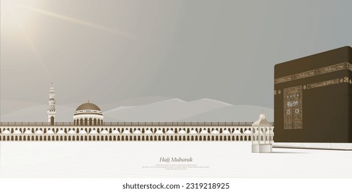 Kaaba vector in landscape view, banner for Hajj Mabroor and Eid Mubarak Arabic Translations: all Arabic text on Kaaba are verses from the holy Quran.