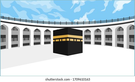 Kaaba vector in Mecca with blue sky and clouds. Background, walpapper.