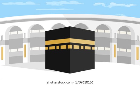 Kaaba Vektorillustration in Mekka mit blauem Himmel und Wolken. Hintergrund, Walpapper.