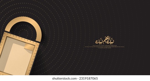 Banner de la vista superior del vector Kaaba en estilo de lujo con texto árabe Traducción: (Hajj Mabroor y Eid Mubarak)