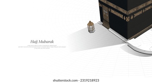 Kaaba vector top view, banner for Hajj Mabroor and Eid Mubarak, Arabic Translations: all Arabic text on Kaaba are verses from the holy Quran.