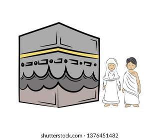 Kaabah and two pilgrims. Vector illustration