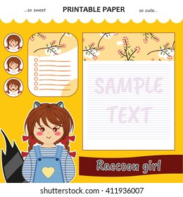 Kaawaii and cute set vector printable paper for diary, notebook, letters. Raccoon girl stickers and illustration. Festive childish cartoon design.