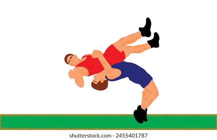 Kabaddi League wrestling competition two players in a game moment on grass poster isolated on white background. Wrestlers editable vector EPS available