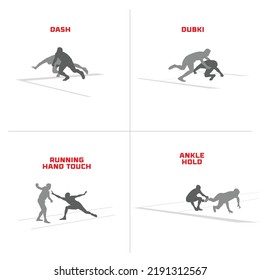 Kabaddi playing action vector, Dash, Ankle Hold, Running Hand Touch, Dubki