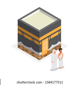 ka`bah mecca with moslem man and woman in isometric. hajj, umrah, praying and Islamic pilgrimage illustration editable vector