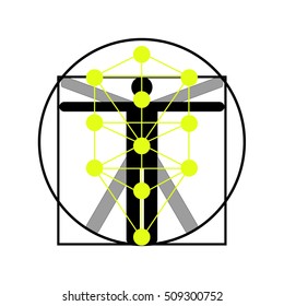 The Kabbalah Tree of Life and Leonardo da Vinci vitruvian man vector icon symbol design. Illustration isolated on white background. 