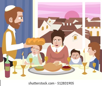 Kabbalat Shabbat, Family Night Meal, Colorful Vector Cartoon
