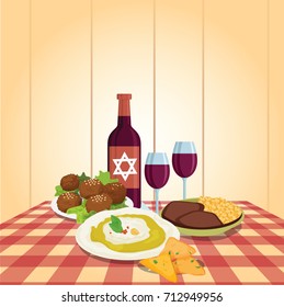Kabbalat Shabbat, family night meal, colorful vector cartoon. Religious traditions. Judaism