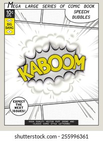 Kaboom. Explosion in comic style with lettering and realistic puffs smoke. 3D pop art speech bubble. Vector graphics CMYK