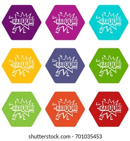 Kaboom, explosion icon set many color hexahedron isolated on white vector illustration
