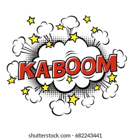 Ka-Boom! phrase in speech bubble. Comic text. Vector bubble icon speech phrase. Comics book balloon. Halftone background.