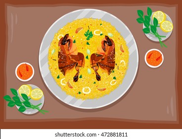 Kabsa Rice Chicken Meat flat lay top view illustration style. Editable Clip Art.