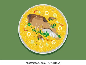 Kabsa Rice Lamb Meat flat lay top view illustration style. Editable Clip Art.