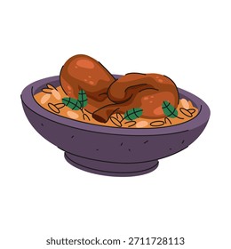 Arroz Kabsa. Vector Plato árabe con carne y especias. Comida árabe o plato de Oriente Medio cocinado en caldo o estofado. Makboos o machboos. Pilaf o pulao, icono de receta de nutrientes de grano . Gastronomía y gastronomía.