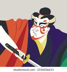 Kabuki actor wearing a kimono. Ukiyoe actor fight. Japanese traditional kabuki warrior, a man wearing a kimono. Japan traditional theatre with Samurai. 