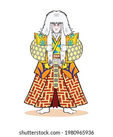 Kabuki – classical Japan drama with Long hair actor in luxury Kimono dress drawing in cartoon vector