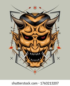 kabuki illustration. devil face illustration. vector head of demon. japanese demon mask