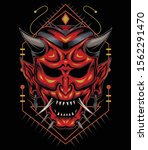 kabuki illustration. red devil face illustration. vector head of red demon. japanese demon mask