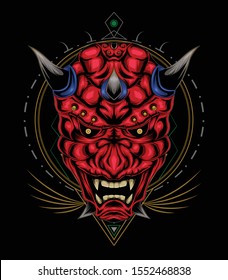kabuki illustration. red devil face illustration. vector head of red demon. japanese demon mask