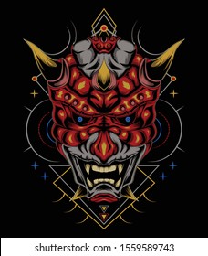 kabuki illustration. red devil face illustration. vector head of red demon. japanese demon mask