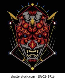 kabuki illustration. red devil face illustration. vector head of red demon. japanese demon mask
