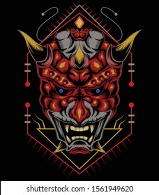 kabuki illustration. red devil face illustration. vector head of red devil. japanese demon mask