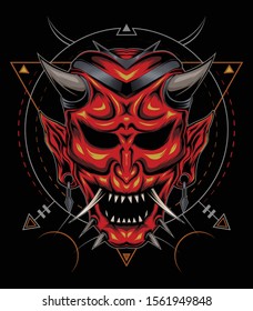 kabuki illustration. red devil face illustration. vector head of red oni. japanese demon mask