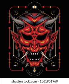 kabuki illustration. red devil face illustration. vector head of red oni demon. japanese demon mask